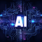 Illuminated AI inscription embedded on a circuit grid.